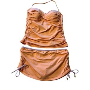 Cremeux Women's Halter Tankini Swimsuit Set ‎ Ruched Adjustable Tie Lined M/L